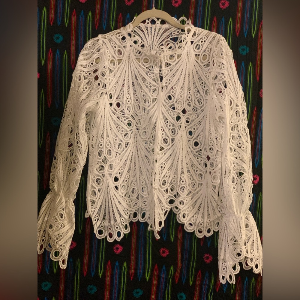 White Sexy Long Sleeve Ruffled Lace Top
